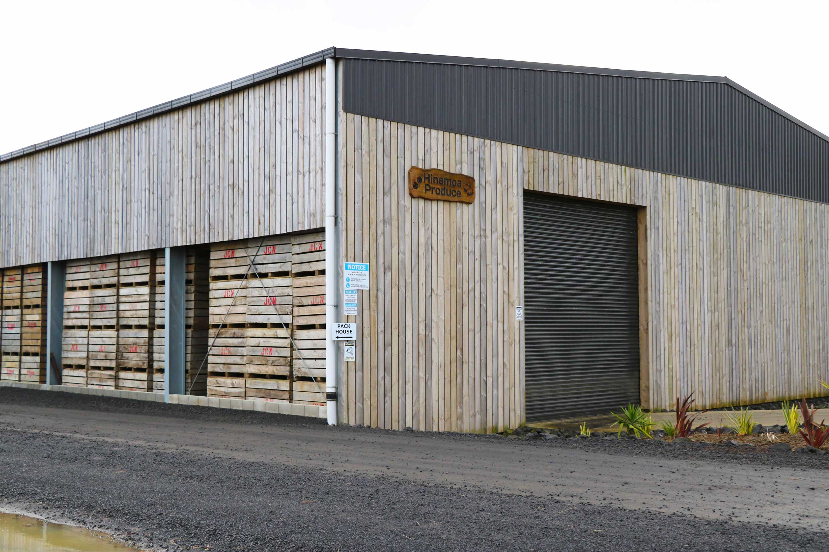 Exterior view of the agricultural shed for Hinemoa Quality Produce