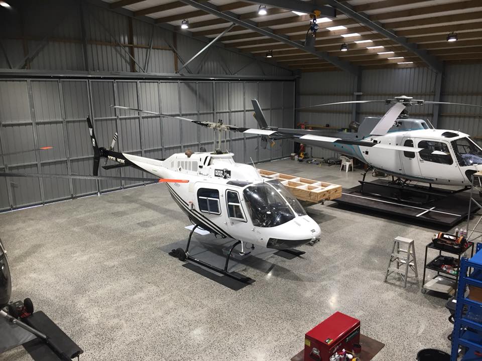Interior view of the helicopter hangar at Rotor Work NZ